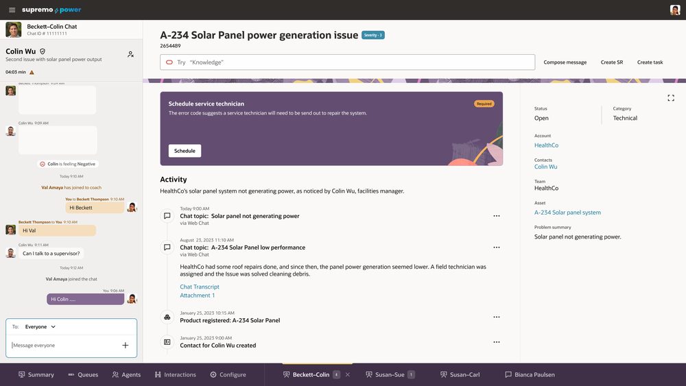 A supervisor&rsquo;s console mid-coaching: the agent&ndash;customer chat on the left, a private coaching message sent to the agent, and the case timeline on the right.