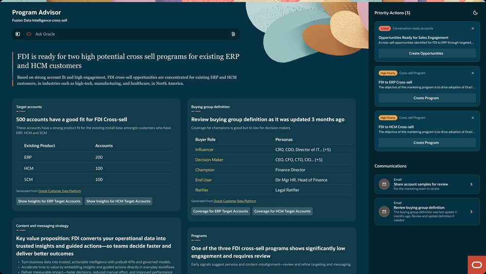 Program Advisor: an agentic workspace summarizing FDI cross-sell opportunities, target accounts and a buying-group definition, with priority actions alongside.