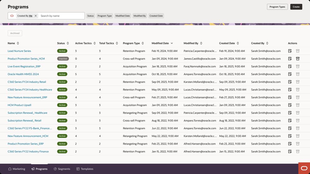 The Programs list, showing active marketing programs with their tactics, program type, and modification history.